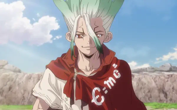 HD PC desktop wallpaper of Senku Ishigami from Dr. Stone — anime portrait with spiky green-white hair, red cloak, rocky landscape under a bright blue sky.