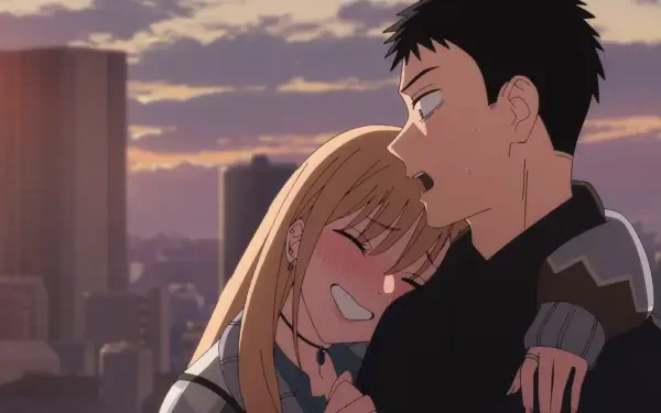 HD PC desktop wallpaper/background: anime scene from My Dress-Up Darling showing Marin Kitagawa blushing as she leans on Wakana Gojo against a glowing city sunset skyline.