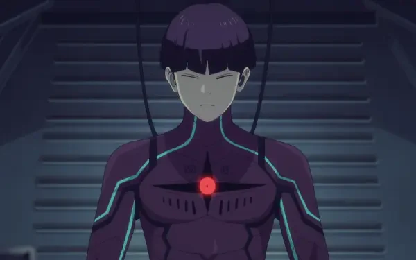 HD PC anime desktop wallpaper: Soushirou Hoshina (Kaiju No. 8) — stoic figure in a purple suit with a glowing red chest core and cables, framed by dim industrial stairs.