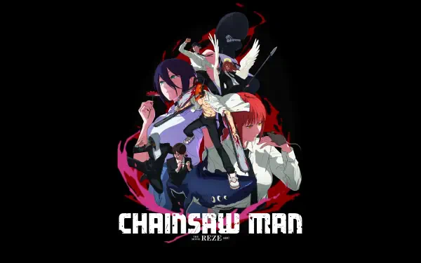 8K Ultra HD PC desktop wallpaper/background showing Chainsaw Man characters in a red-and-black dynamic composition, central chainsaw-headed figure flanked by allies.