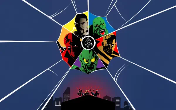 Spider-Man: No Way Home 4K Ultra HD PC wallpaper — shattered web radiates from a central hub of multicolored villain portraits above a silhouetted city skyline with Spider-Man on a rooftop.