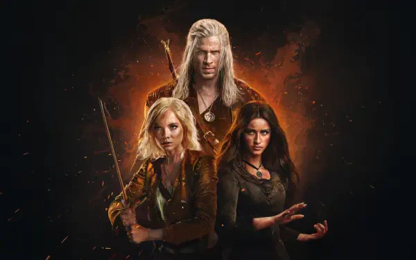 The Witcher 4K Ultra HD PC desktop wallpaper: white-haired swordsman flanked by two women against a burning orange backdrop, high-detail dramatic trio