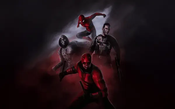 Spider-Man: Brand New Day 4K Ultra HD PC desktop wallpaper showing Spider-Man and three shadowed vigilantes emerging from moody red-black mist.