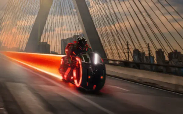 Tron: Ares 4K Ultra HD PC desktop wallpaper: neon-lit rider on a glowing red light cycle streaks across a suspension bridge at sunset, city skyline silhouetted in the distance.
