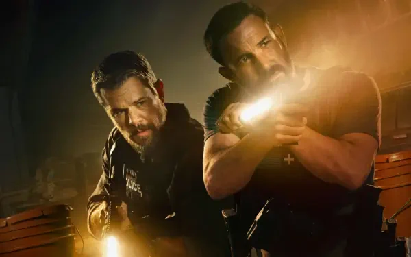 The Rip — 4K Ultra HD PC desktop wallpaper: two armed, tactical-clad men firing pistols in a smoky, low-lit interior, warm muzzle flashes and tense, cinematic lighting.