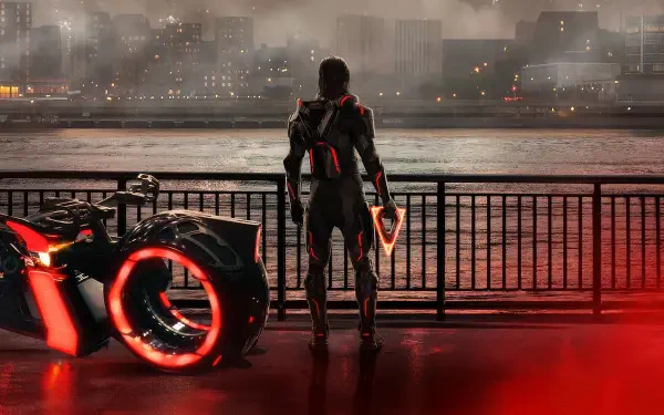 Tron: Ares 4K Ultra HD PC desktop wallpaper/background — lone armored figure in red-glow Tron suit stands by waterfront next to an illuminated light cycle, city skyline and wet reflections at night.