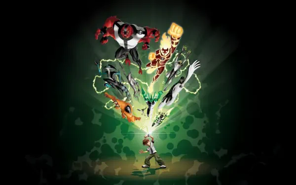Ben 10 4K Ultra HD PC desktop wallpaper: Ben activating the Omnitrix as multiple alien forms burst upward from him against a dark, glowing green background.