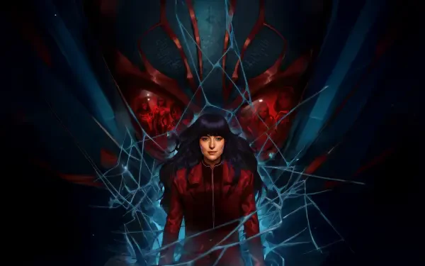 Madame Web 4K Ultra HD PC desktop wallpaper: a dark‑haired woman in red stands before a shattered web, ominous glowing red eyes looming in the background.