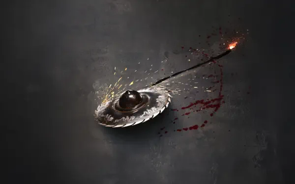 Mortal Kombat 2 (2025) 4K Ultra HD PC desktop wallpaper: blood-splattered steel chakram pierced by a flaming spear, sparks and scorched marks on a dark textured background.