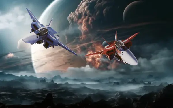 4K Ultra HD PC wallpaper: Robotech/Macross fighters — Max Sterling's red Veritech and Myria Parino's blue craft — fly past a planet and moons above a stormy alien landscape.