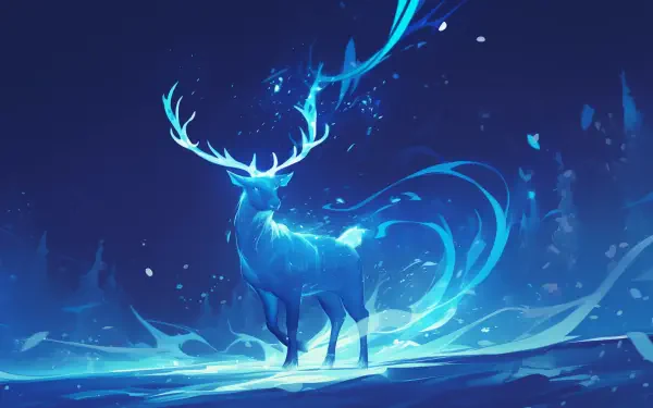 Ethereal, magical forest spirit deer — a glowing mythical creature in blue mist, HD PC desktop wallpaper and background.
