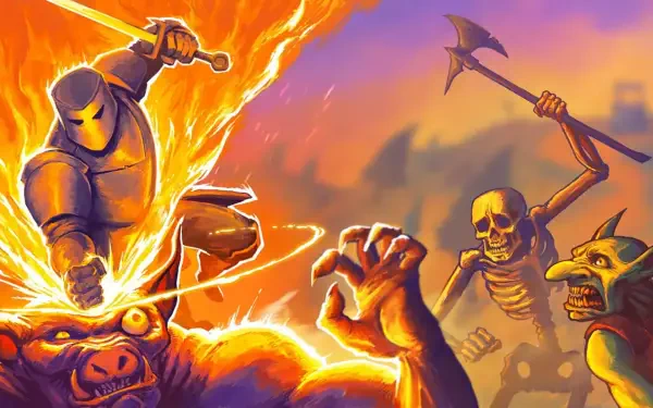 HD PC desktop wallpaper and background for the video game Megabonk RPG: flaming armored knight cleaves a demon as a skeleton and goblin charge beneath a blazing sky.