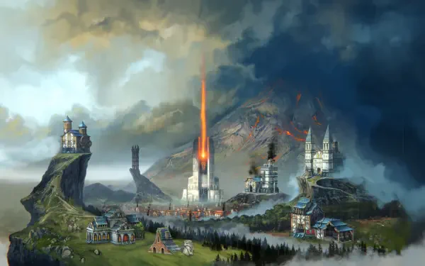 Against the Storm — 4K Ultra HD PC desktop wallpaper and background: a fortified fantasy city beneath roiling storm clouds, a fiery beam striking a central tower amid distant mountains.