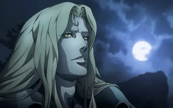 HD PC desktop wallpaper: Alucard (Castlevania) anime portrait — pale, long-haired vampire with golden eyes gazing under a full moon and stormy night sky.