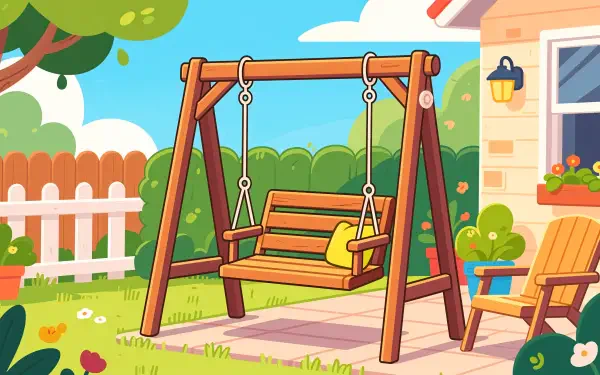 Colorful cartoon patio swing in a sunny backyard with house, picket fence and flowers — 4K Ultra HD PC desktop wallpaper and background.