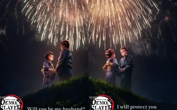 HD PC wallpaper of Anime Demon Slayer: Kimetsu no Yaiba — The Movie: Infinity Castle, showing Akaza and Koyuki standing beneath fireworks as two couples are silhouetted on a hilltop.