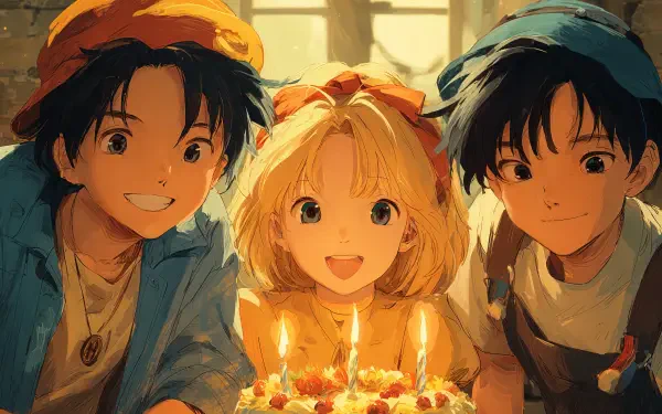 4K Ultra HD PC desktop wallpaper of three smiling anime friends gathered around a lit birthday cake, warm candlelight and soft window light casting a cozy celebratory glow.