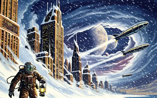 Blizzard-swept futuristic city under a swirling vortex; astronaut with lantern trudges through snow, spacecraft streak by — 4K Ultra HD PC desktop wallpaper and background