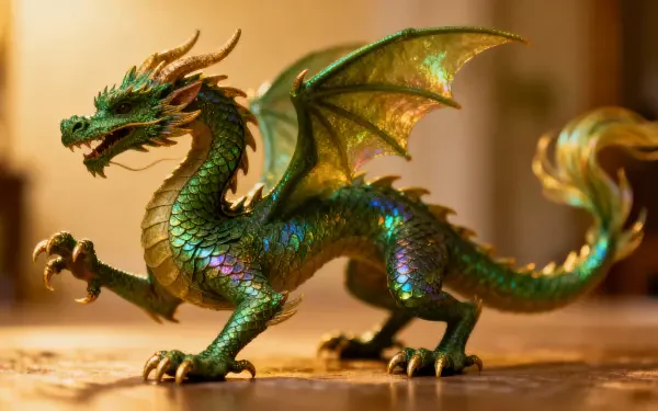 Shimmering green dragon with iridescent scales and spread wings on a wooden surface, warm bokeh backdrop — 4K Ultra HD PC desktop wallpaper and background.
