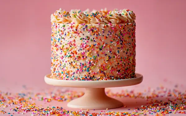 4K Ultra HD PC desktop wallpaper: tall pink-frosted cake covered in rainbow sprinkles on a pedestal — food dessert cake background.