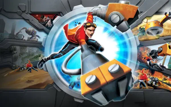 Generator Rex action scene: hero launches toward viewer with giant wrench-like weapon and blue energy spiral, mechs and combat backdrop — 4K Ultra HD PC desktop wallpaper/background.