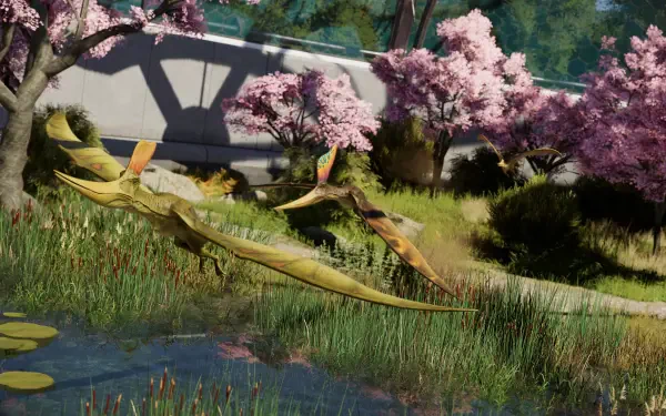 4K Ultra HD PC desktop wallpaper from the video game Jurassic World Evolution 3 showing pterosaurios swooping over a pond amid cherry blossoms and enclosure fencing.