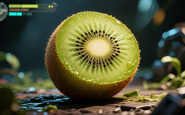 Close-up halved kiwi with glistening droplets on a dark textured surface, vivid detail and bokeh highlights — 4K Ultra HD PC desktop wallpaper background.