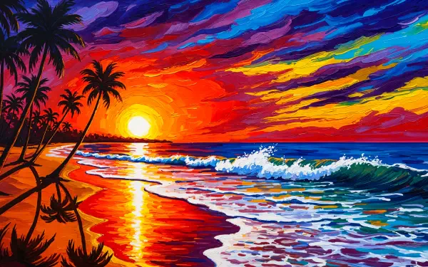 Vibrant painted beach sunset with palm silhouettes, crashing waves and a kaleidoscopic sky — 4K Ultra HD PC desktop wallpaper and background.
