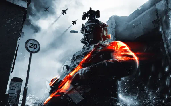 4K Ultra HD PC desktop wallpaper from Battlefield 6 video game showing a military soldier with a glowing orange weapon amid a ruined city while jets streak overhead.
