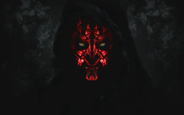 8K Ultra HD PC desktop wallpaper: dark red-and-black portrait of Star Wars' Darth Maul, glowing yellow eyes and sinister markings emerging from deep shadow.