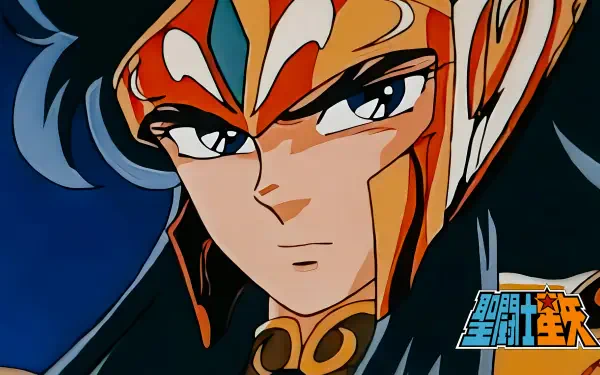Close-up of Aquarius Camus from Saint Seiya, anime portrait in gold helmet and armor against a deep blue backdrop — 4K Ultra HD PC desktop wallpaper