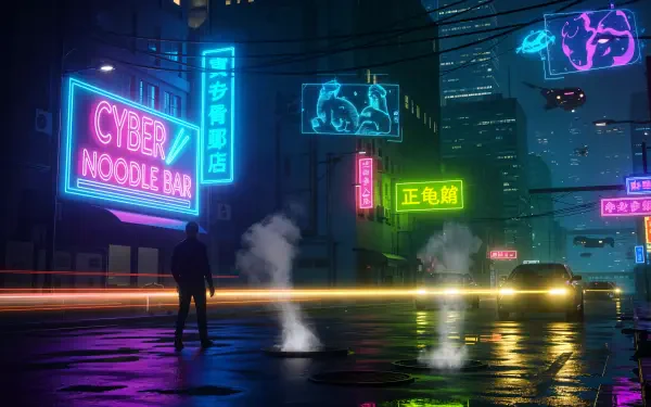 Neon aesthetic cyberpunk street at night with glowing signs, rain-slick reflections and a silhouetted figure — 4K Ultra HD PC desktop wallpaper and background.