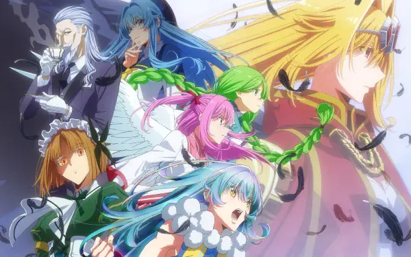 Anime HD PC desktop wallpaper for A Wild Last Boss Appeared! — golden‑haired armored last boss at right, vibrant pink, blue and green-haired ensemble cast with magical effects across the frame.