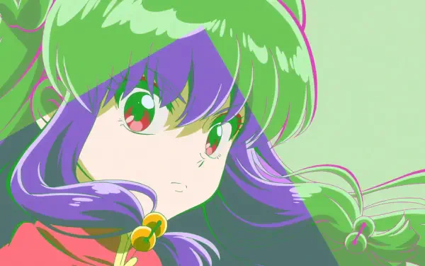HD PC desktop wallpaper: close-up anime portrait of Shampoo (Ranma ½) with green and purple hair, bright eyes, and a red outfit against a soft green background.