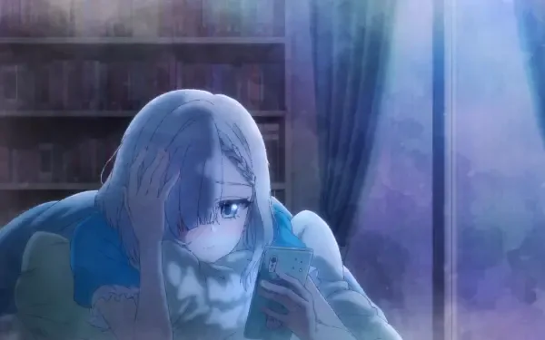 HD anime PC wallpaper of Mashiro Tsukinomori from My Friend's Little Sister Has It In for Me! — pale blue‑haired girl clutching a carved mask in a dim library, bathed in cool blue mist.