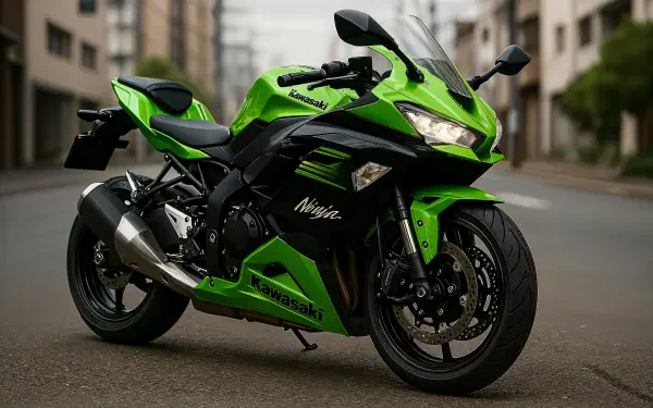 Green Kawasaki Ninja sportbike on an empty city street, captured in crisp detail — 4K Ultra HD PC desktop wallpaper background.