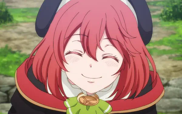 HD anime desktop wallpaper of Yoruha Eisentz from The Banished Court Magician Aims to Become the Strongest — red hair, eyes closed in a gentle smile, wearing a cloak and green ribbon in a grassy outdoors.