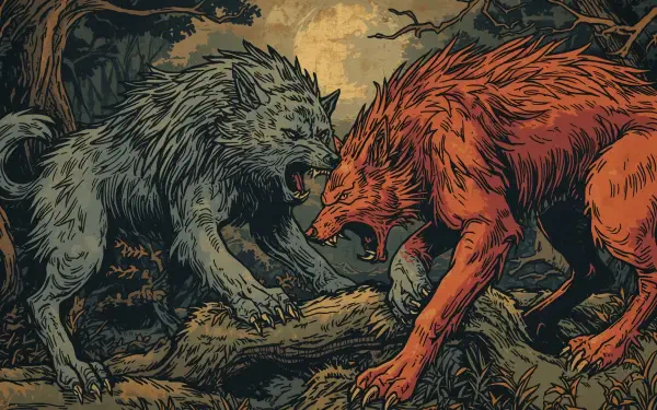 2K Quad HD PC desktop wallpaper: two snarling wolves — grey and red — locked in a fierce fight amid a shadowy, twisted forest.