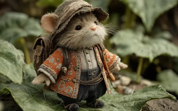 Cute AI art toy mouse in detailed clothes and backpack standing on a leaf — 2K Quad HD PC desktop wallpaper/background, whimsical toy animals scene.