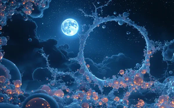 4K Ultra HD PC desktop wallpaper: luminous full moon above surreal circular cloud formations dotted with glowing orbs against a deep, starry moonlit sky.