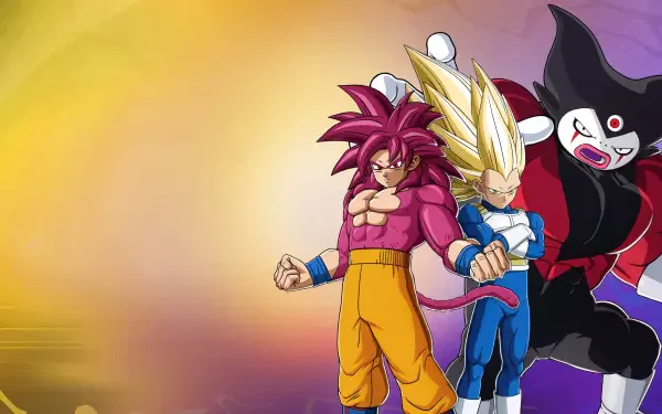 DRAGON BALL: Sparking! ZERO 4K Ultra HD PC wallpaper: two Super Saiyan warriors (pink and gold hair) stand with a dark villain against a glowing gradient background.