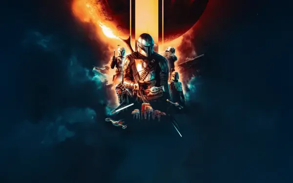 The Mandalorian (TV Show) 5K Ultra HD PC desktop wallpaper and background: armored Mandalorian centered with blaster, allies behind, fiery vertical light over a dark cosmic backdrop.