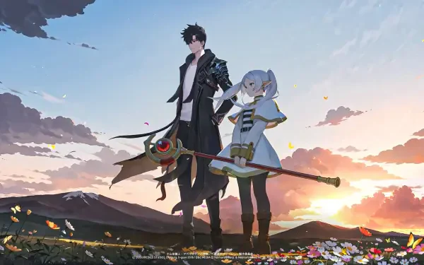 Frieren: Beyond Journey's End HD PC desktop wallpaper — Frieren and a companion stand on a flower-strewn hill at sunset, staff and cloak silhouetted against a vast, colorful sky.