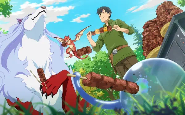 Anime HD PC desktop wallpaper: Campfire Cooking in Another World with my Absurd Skill — protagonist skewers grilled meat beside a large wolf and a bubbling magical pot in a sunny meadow.