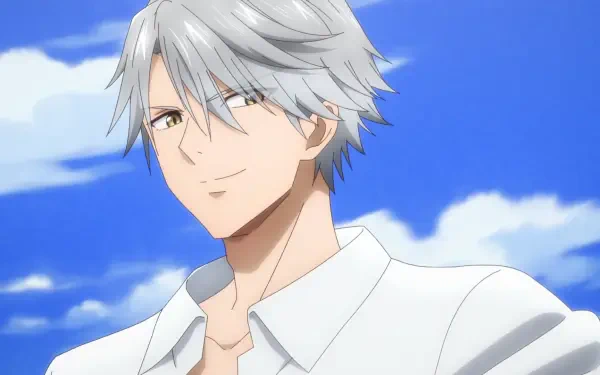 Anime HD desktop wallpaper of Aristide Roger de Galbraith from Pass the Monster Meat Milady! — silver-haired young man in a white shirt smiling against a bright blue sky.