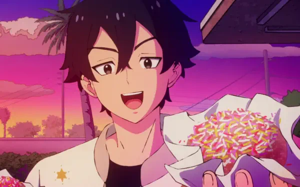 Anime HD PC desktop wallpaper: Charles Jones (Let's Play) — smiling anime character holding sprinkled donuts at sunset by palm trees, vibrant Let's Play background.