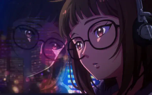 Anime HD PC desktop wallpaper tagged Let's Play, Sam Young (Let's Play): close-up of an anime girl with glasses and headphones, neon city lights reflected in her eyes and window.