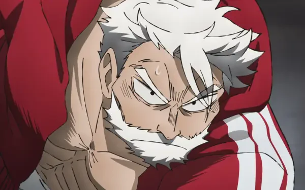 Anime HD PC desktop wallpaper of Sanda Kazushige: white-haired, bearded, muscular man in a red striped tracksuit, staring with a fierce, intense glare.