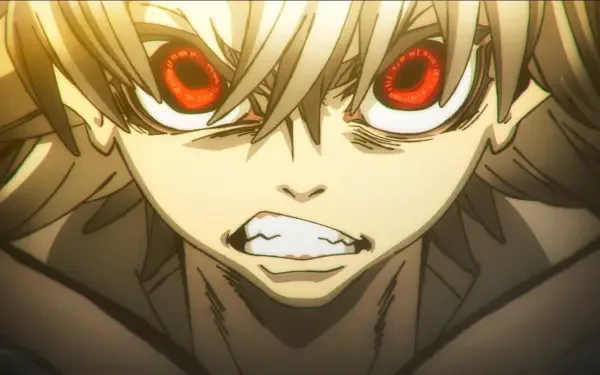 HD PC desktop wallpaper of Gachiakuta anime character Rudo Surebrec — intense close-up of a blond youth with glowing red eyes, bared teeth and a furious expression.