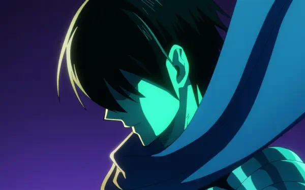 Anime HD PC desktop wallpaper of Sonic (One-Punch Man) in a teal-lit side profile, cloak and scarf flowing against a purple gradient background.